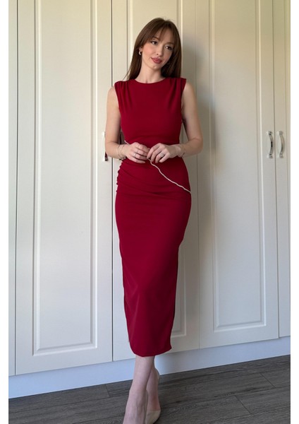 Drapeli Taş Detaylı Yırtmaçlı Midi Bordo Elbise modelleri
