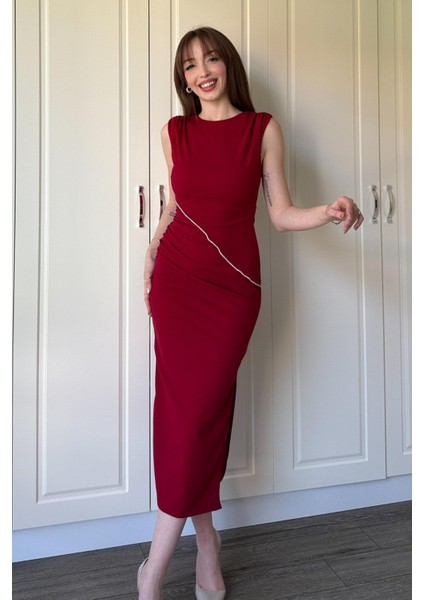 Drapeli Taş Detaylı Yırtmaçlı Midi Bordo Elbise fırsatları