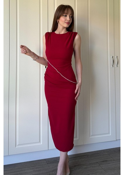 Drapeli Taş Detaylı Yırtmaçlı Midi Bordo Elbise indirimleri
