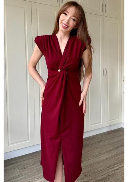 Kruvaze Yaka Vatkalı Incili Bordo Elbise indirimleri