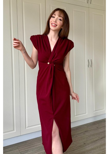 Kruvaze Yaka Vatkalı Incili Bordo Elbise