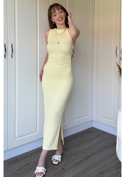 Gofre Kumaş Sarı Midi Elbise
