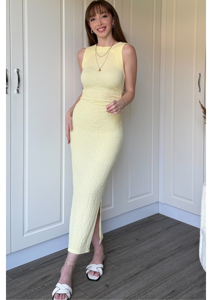 Gofre Kumaş Sarı Midi Elbise