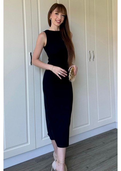 Drapeli Midi Lacivert Elbise