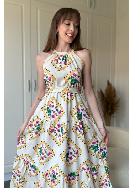 Halter Yaka Çiçekli Midi Elbise indirimleri