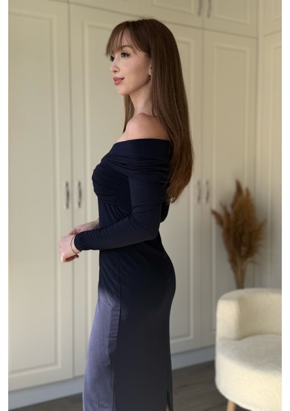 Omuz Detaylı Vücudu Saran Midi Lacivert Elbise modelleri
