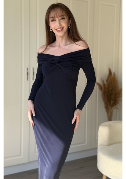 Omuz Detaylı Vücudu Saran Midi Lacivert Elbise indirimleri