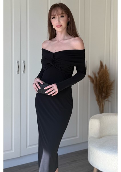 Omuz Detaylı Vücudu Saran Midi Siyah Elbise modelleri