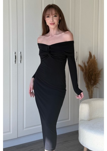 Omuz Detaylı Vücudu Saran Midi Siyah Elbise fırsatları