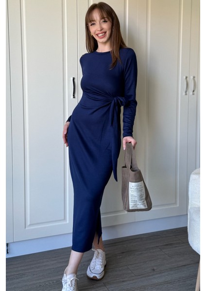 Bağlamalı Modal Uzun Kollu Midi Lacivert Elbise fiyatları