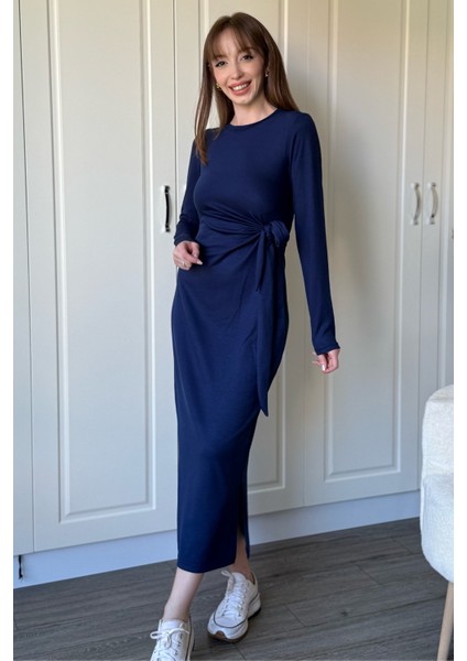 Bağlamalı Modal Uzun Kollu Midi Lacivert Elbise modelleri