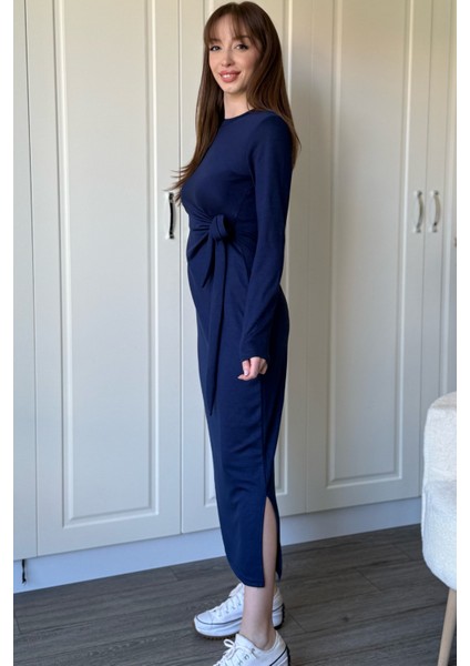 Bağlamalı Modal Uzun Kollu Midi Lacivert Elbise fırsatları
