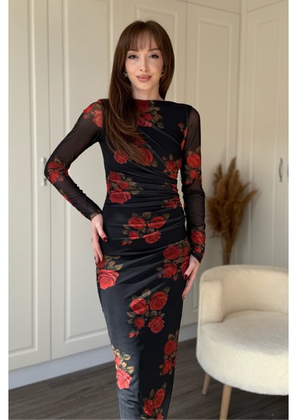 Drapeli Uzun Kol Gül Desenli Midi Tül Elbise indirimleri