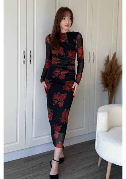 Drapeli Uzun Kol Gül Desenli Midi Tül Elbise