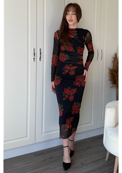 Drapeli Uzun Kol Gül Desenli Midi Tül Elbise