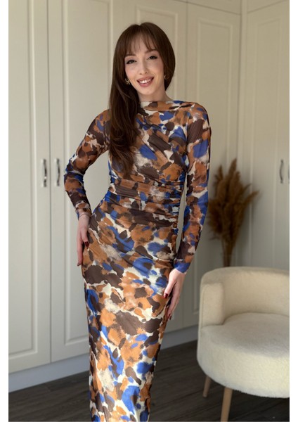 Drapeli Uzun Kol Karışık Desenli Midi Tül Elbise modelleri