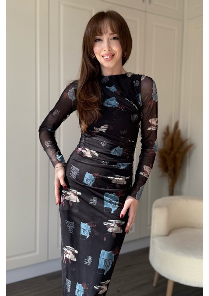 Drapeli Uzun Kol Kare Desen Midi Tül Elbise