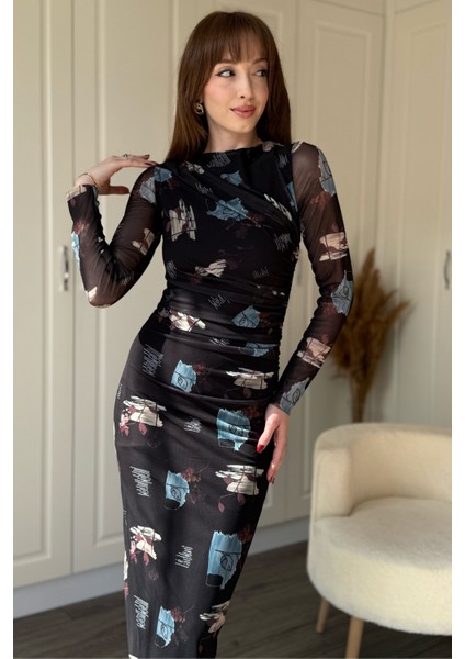 Drapeli Uzun Kol Kare Desen Midi Tül Elbise fırsatları