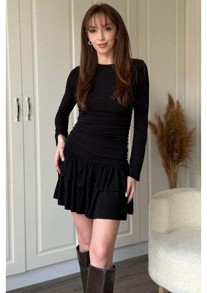 Etekleri Fırfırlı Sandy Kumaş Mini Siyah Elbise indirimleri