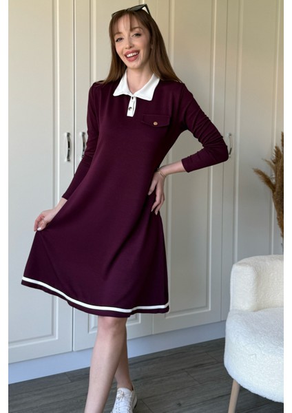 Polo Yaka Uzun Kollu Bordo Elbise modelleri