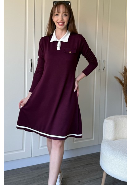 Polo Yaka Uzun Kollu Bordo Elbise
