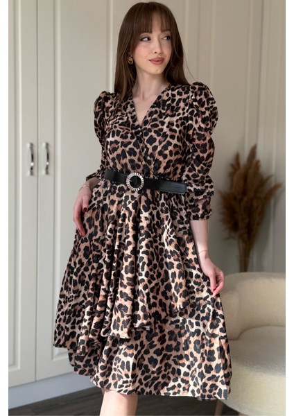 Leopar Desenli Tokalı Kemerli Kısa Fırfırlı Elbise indirimleri
