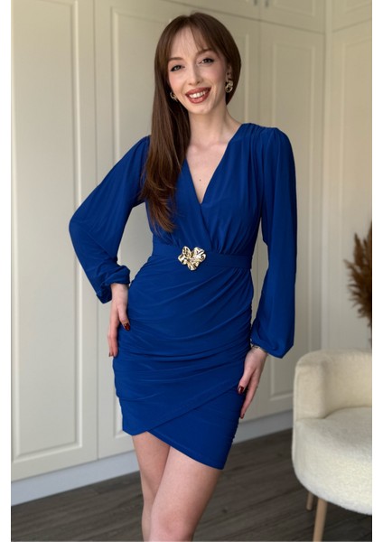 Balon Uzun Kollu Aksesuar Detaylı Kemerli Mini V Yaka Mavi Elbise