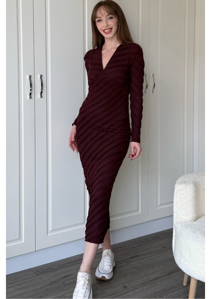 Fırfırlı V Yaka Mor Midi Elbise indirimleri