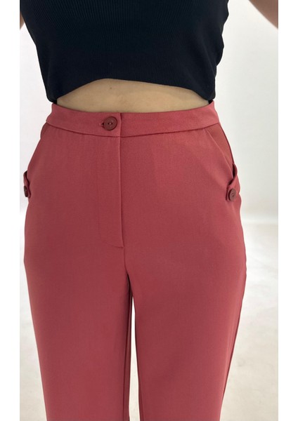 Yüksek Bel Cepli Poliviskon Palazzo Pantolon – Şık Düğme ve Apolet Detaylı Kadın Pantolon