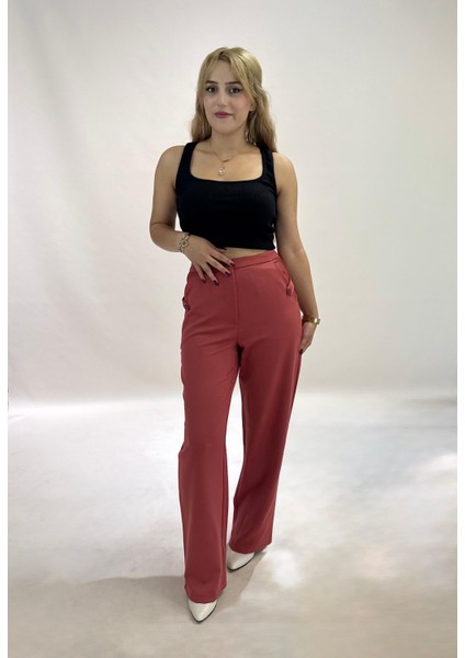 Yüksek Bel Cepli Poliviskon Palazzo Pantolon – Şık Düğme ve Apolet Detaylı Kadın Pantolon modelleri
