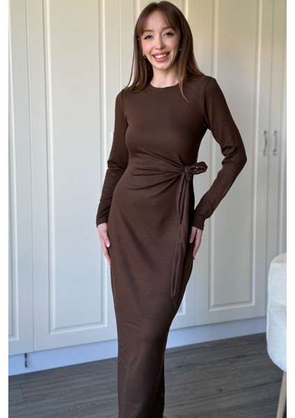 Bağlamalı Modal Uzun Kollu Midi Kahverengi Elbise fırsatları