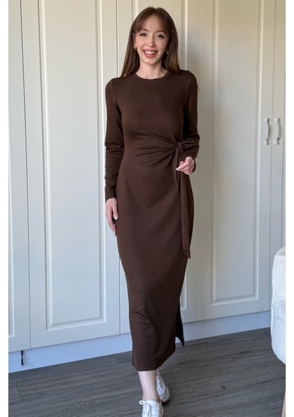 Bağlamalı Modal Uzun Kollu Midi Kahverengi Elbise