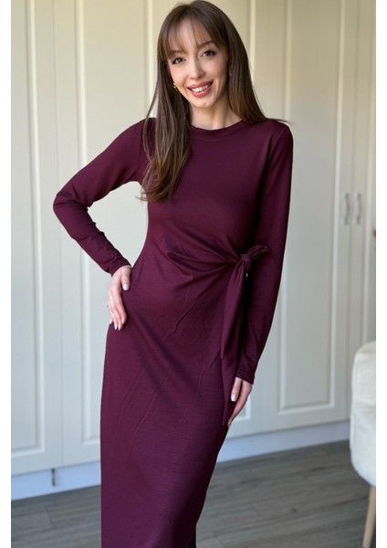 Bağlamalı Modal Uzun Kollu Midi Bordo Elbise