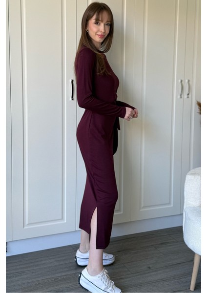 Bağlamalı Modal Uzun Kollu Midi Bordo Elbise indirimleri