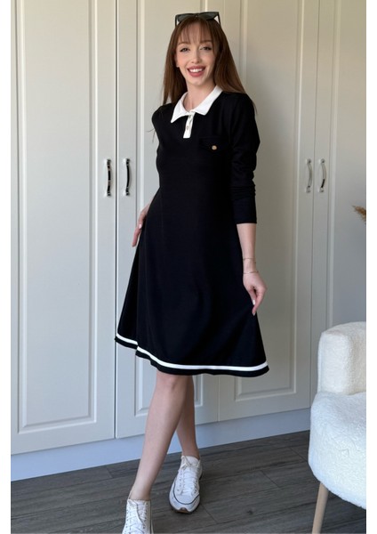 Polo Yaka Uzun Kollu Siyah Elbise