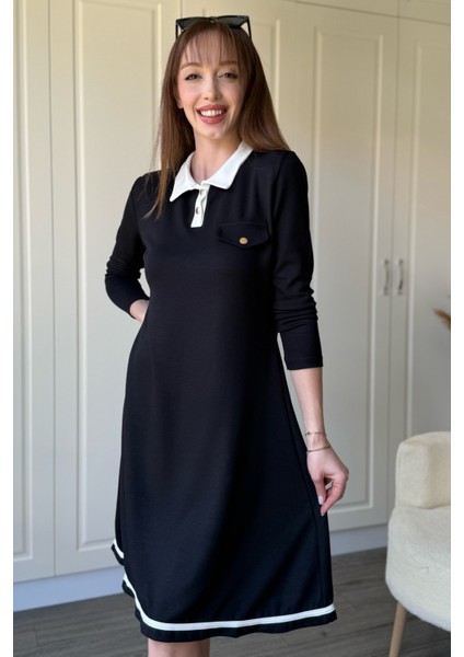 Polo Yaka Uzun Kollu Siyah Elbise fiyatları