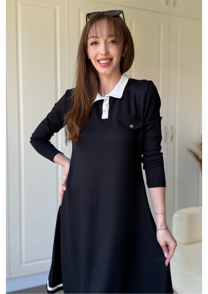 Polo Yaka Uzun Kollu Siyah Elbise fırsatları