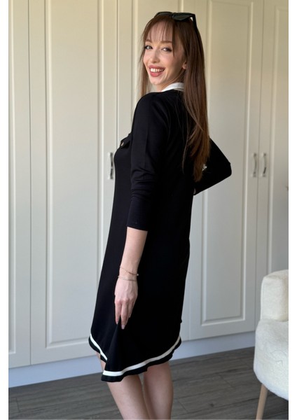 Polo Yaka Uzun Kollu Siyah Elbise