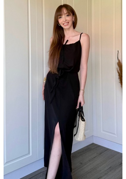 Önden Yırtmaçlı Viskon Siyah Elbise modelleri