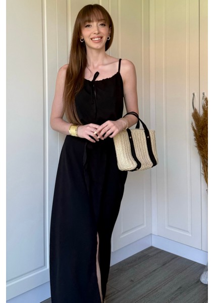 Önden Yırtmaçlı Viskon Siyah Elbise indirimleri