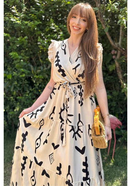 Sırt Detaylı Bej Desenli Midi Elbise