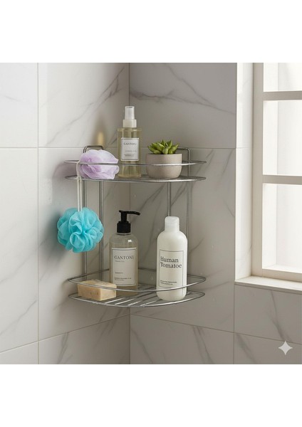 Banyo Duş Köşe Rafı Iki Katlı Krom Paslanmaz Metal Şampuanlık Duvar Montajlı Düzenleyici Raf Seti
