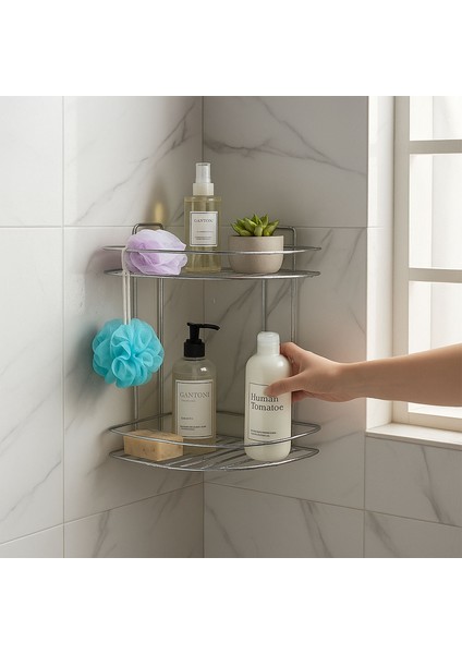Banyo Duş Köşe Rafı Iki Katlı Krom Paslanmaz Metal Şampuanlık Duvar Montajlı Düzenleyici Raf Seti modelleri