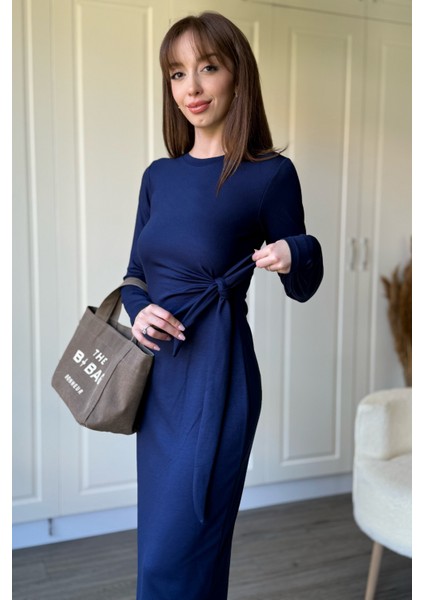 Bağlamalı Modal Uzun Kollu Midi Lacivert Elbise indirimleri