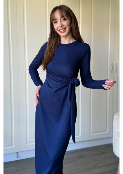 Bağlamalı Modal Uzun Kollu Midi Lacivert Elbise