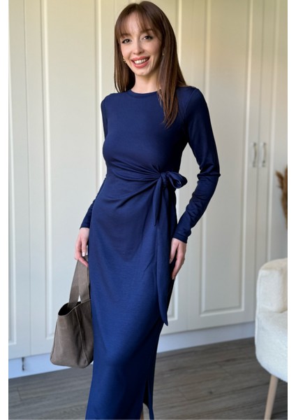 Bağlamalı Modal Uzun Kollu Midi Lacivert Elbise