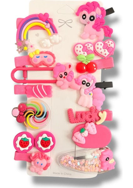 My Little Ponny Temalı Betty Becky Figürlü 14'lü Pens ve Çıtçıt Çocuk Set Toka Pembe