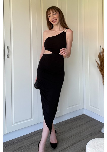 Tek Omuz Bel Detaylı Sandy Kumaş Yırtmaçlı Elbise fiyatları