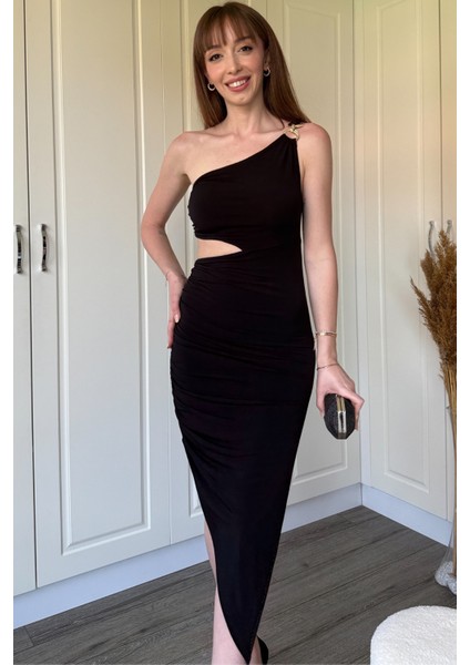 Tek Omuz Bel Detaylı Sandy Kumaş Yırtmaçlı Elbise indirimleri