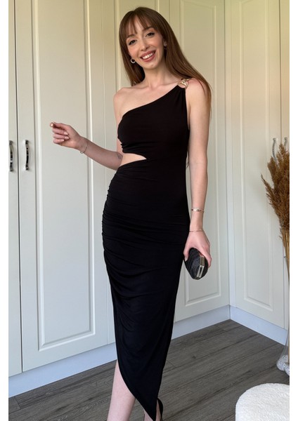 Tek Omuz Bel Detaylı Sandy Kumaş Yırtmaçlı Elbise